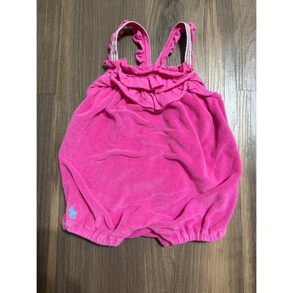 Ralph Lauren Terry Romper Baby Girl 3M Pink Ruffle Rainbow Strap Pony Logo